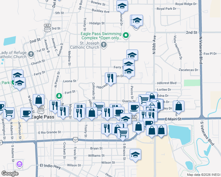 map of restaurants, bars, coffee shops, grocery stores, and more near 570 North San Marcos Street in Eagle Pass