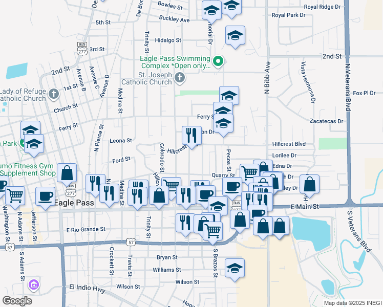 map of restaurants, bars, coffee shops, grocery stores, and more near 570 North San Marcos Street in Eagle Pass
