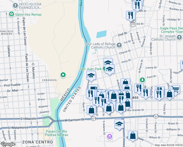 map of restaurants, bars, coffee shops, grocery stores, and more near 244 Ferry Street in Eagle Pass