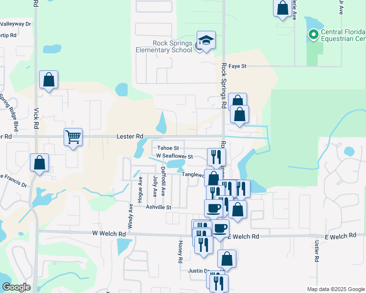 map of restaurants, bars, coffee shops, grocery stores, and more near 101 Tahoe Street in Apopka