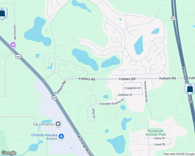 map of restaurants, bars, coffee shops, grocery stores, and more near 3871 Yothers Road in Apopka