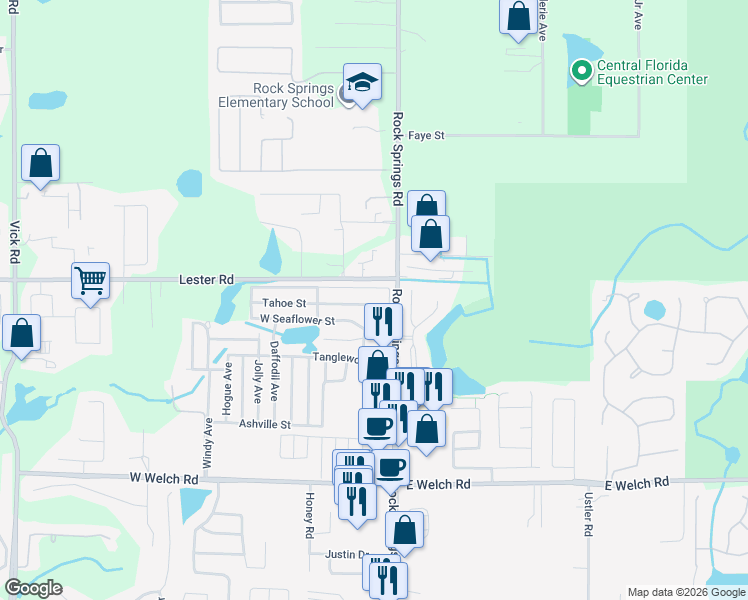 map of restaurants, bars, coffee shops, grocery stores, and more near 17 East Tahoe Street in Apopka