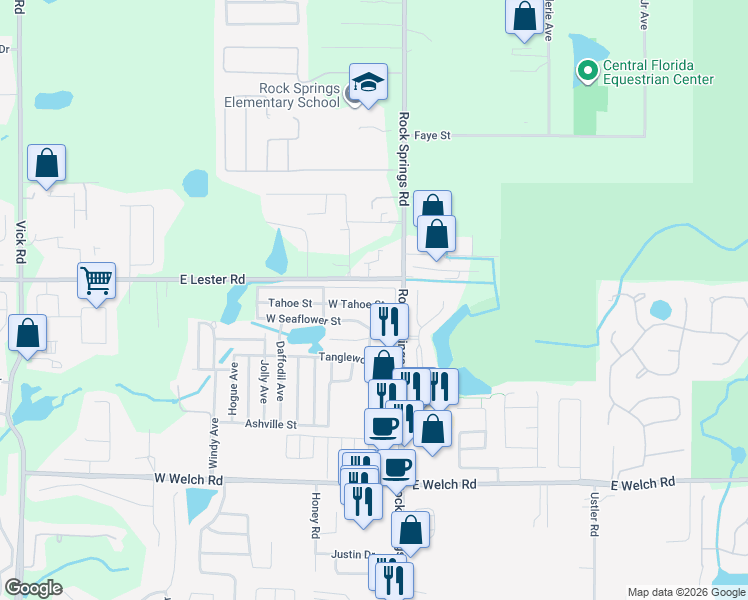map of restaurants, bars, coffee shops, grocery stores, and more near 17 East Tahoe Street in Apopka