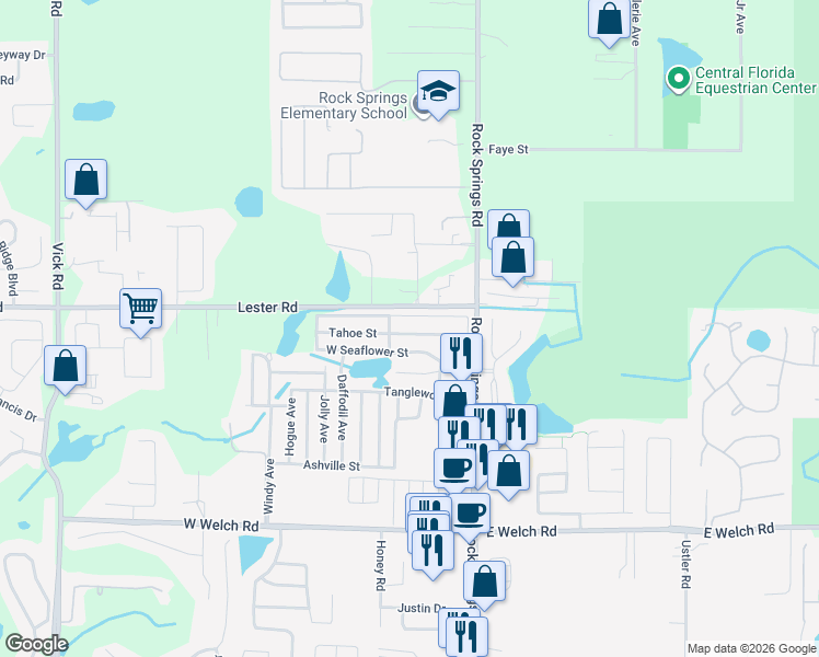 map of restaurants, bars, coffee shops, grocery stores, and more near 11 West Tahoe Street in Apopka