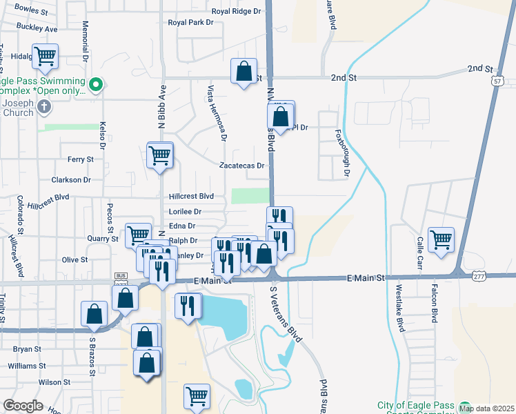map of restaurants, bars, coffee shops, grocery stores, and more near 1975 North Veterans Boulevard in Eagle Pass