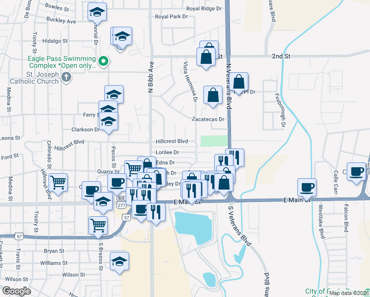 map of restaurants, bars, coffee shops, grocery stores, and more near 2375 Lorilee Drive in Eagle Pass
