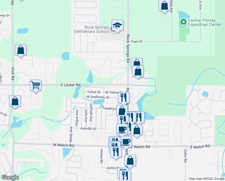 map of restaurants, bars, coffee shops, grocery stores, and more near 11 West Tahoe Street in Apopka