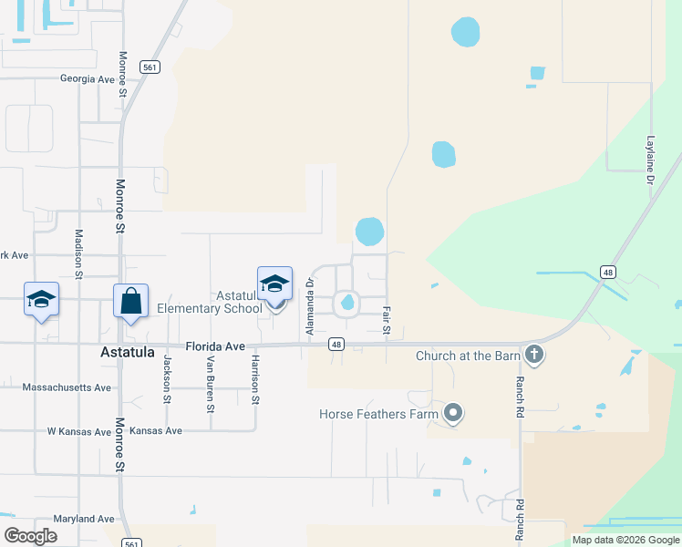 map of restaurants, bars, coffee shops, grocery stores, and more near 25136 Huckleberry Way in Astatula