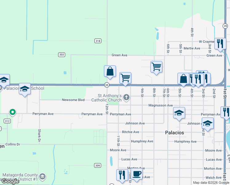 map of restaurants, bars, coffee shops, grocery stores, and more near 12th St in Palacios