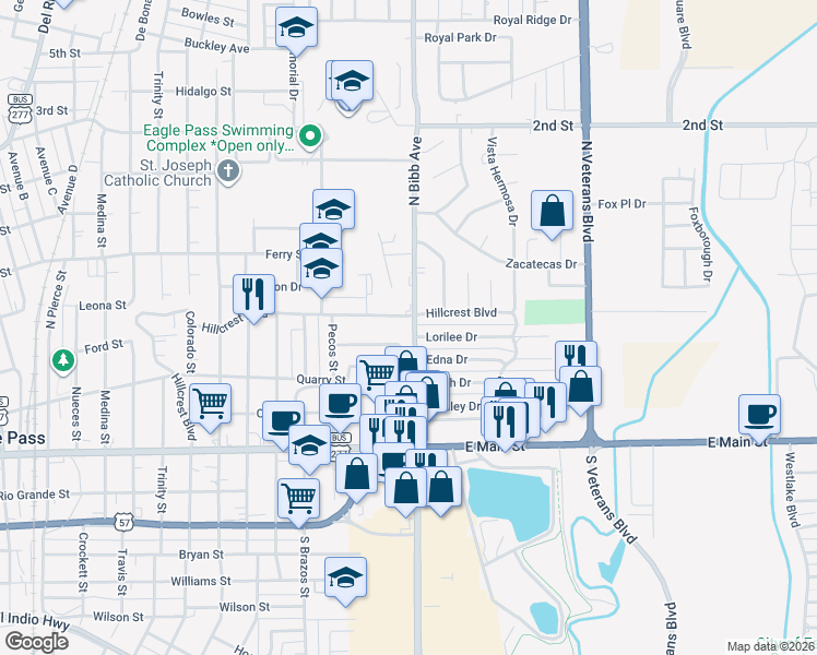 map of restaurants, bars, coffee shops, grocery stores, and more near 791 North Bibb Avenue in Eagle Pass
