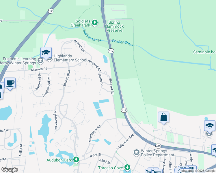 map of restaurants, bars, coffee shops, grocery stores, and more near 505 Mark Run in Winter Springs