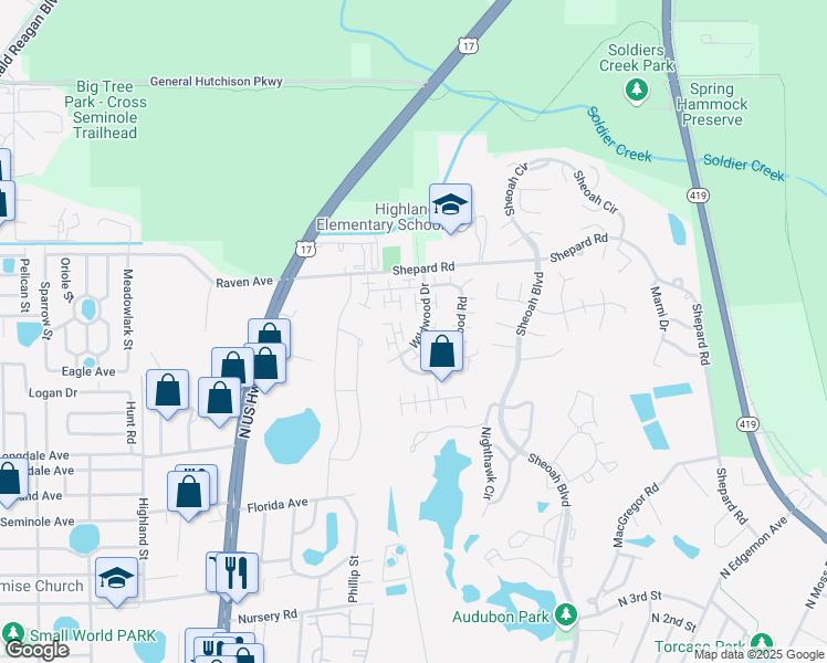 map of restaurants, bars, coffee shops, grocery stores, and more near 718 Wildwood Dr in Winter Springs