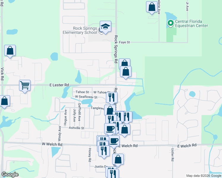 map of restaurants, bars, coffee shops, grocery stores, and more near 17 East Tahoe Street in Apopka