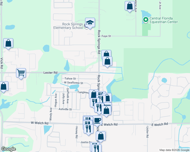 map of restaurants, bars, coffee shops, grocery stores, and more near 17 East Tahoe Street in Apopka