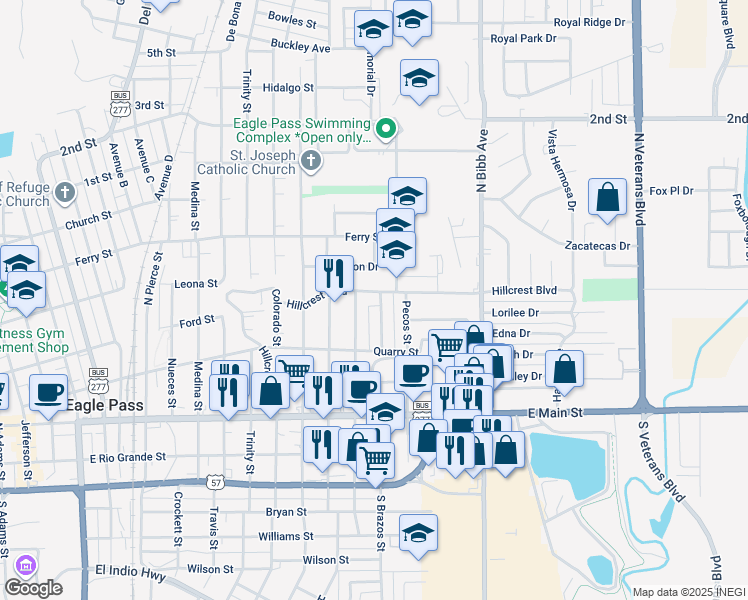 map of restaurants, bars, coffee shops, grocery stores, and more near 1976 Hillcrest Boulevard in Eagle Pass