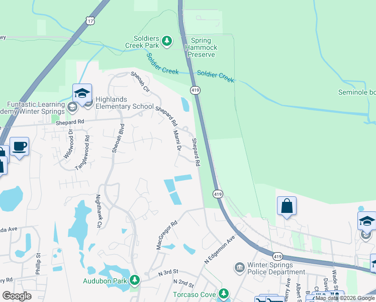 map of restaurants, bars, coffee shops, grocery stores, and more near 505 Mark Run in Winter Springs