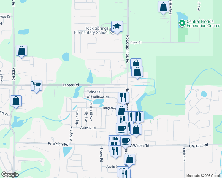 map of restaurants, bars, coffee shops, grocery stores, and more near 11 West Tahoe Street in Apopka