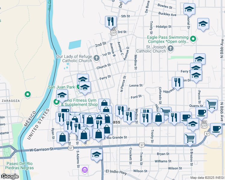 map of restaurants, bars, coffee shops, grocery stores, and more near 800 Leona Street in Eagle Pass
