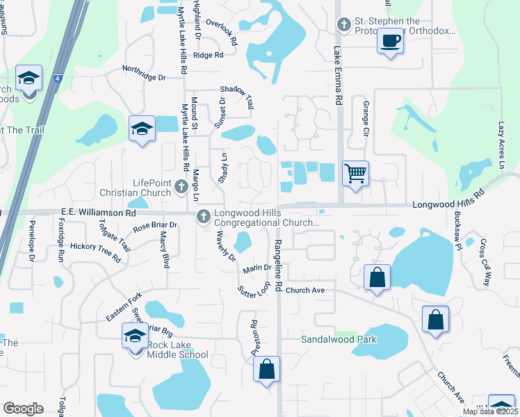 map of restaurants, bars, coffee shops, grocery stores, and more near 1037 Wentworth Court in Longwood