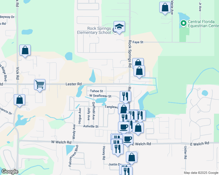 map of restaurants, bars, coffee shops, grocery stores, and more near 11 West Tahoe Street in Apopka