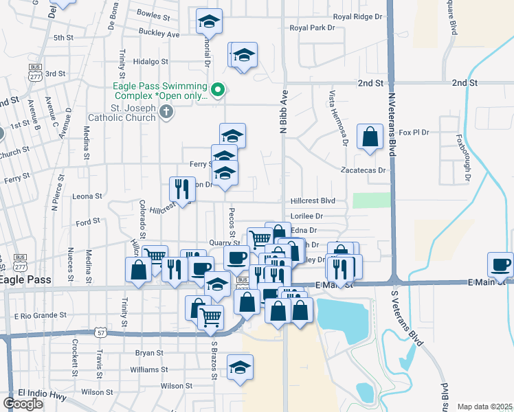 map of restaurants, bars, coffee shops, grocery stores, and more near 2156 Hillcrest Boulevard in Eagle Pass