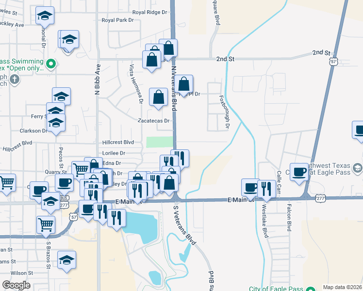 map of restaurants, bars, coffee shops, grocery stores, and more near 1992 North Veterans Boulevard in Eagle Pass