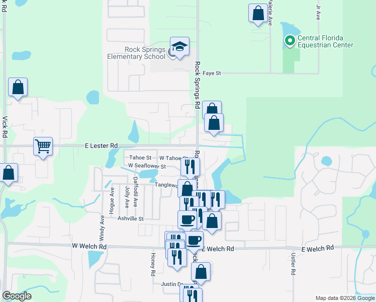 map of restaurants, bars, coffee shops, grocery stores, and more near 17 East Tahoe Street in Apopka