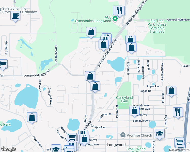 map of restaurants, bars, coffee shops, grocery stores, and more near 101 Shomate Drive in Longwood