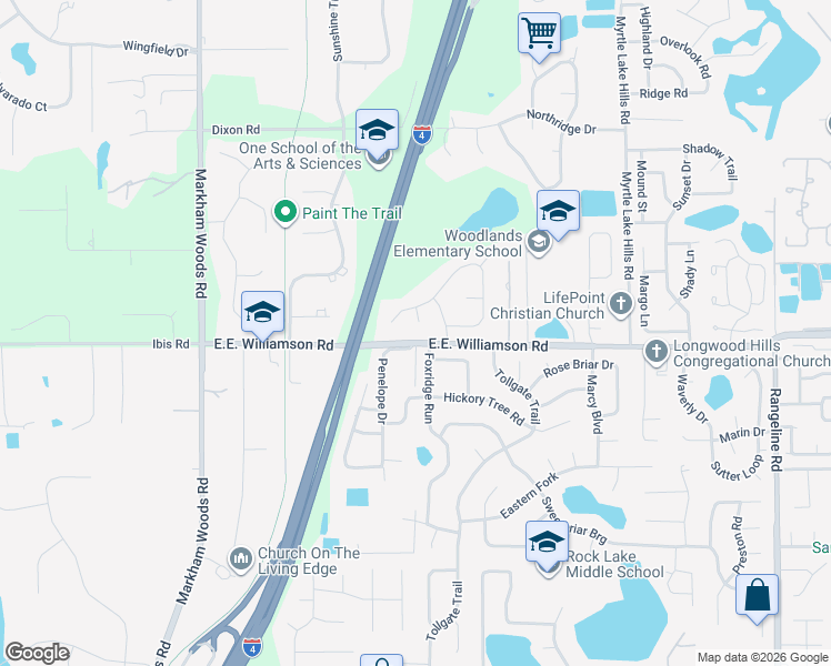 map of restaurants, bars, coffee shops, grocery stores, and more near 1428 North Ridge Court in Longwood