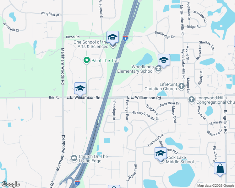 map of restaurants, bars, coffee shops, grocery stores, and more near 1428 North Ridge Court in Longwood