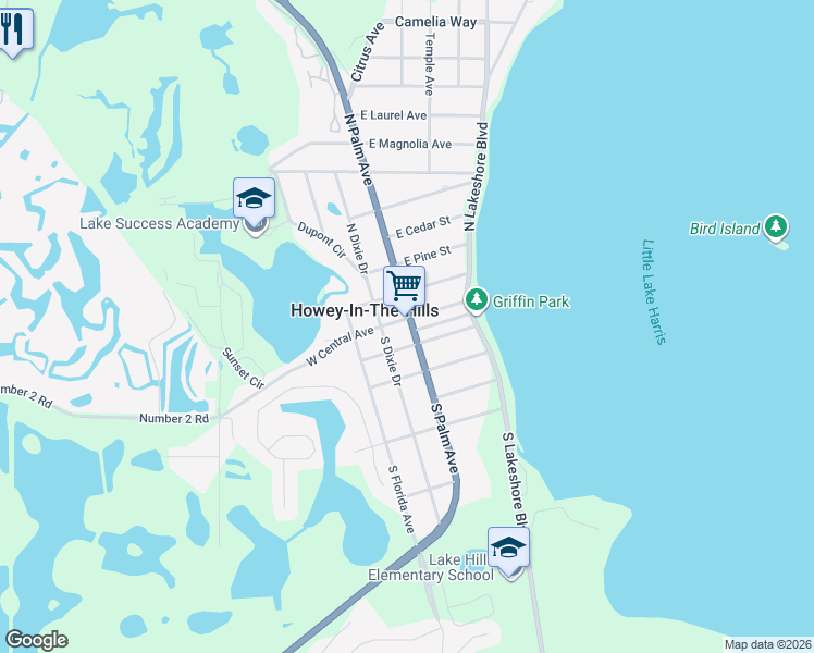 map of restaurants, bars, coffee shops, grocery stores, and more near 5 West Central Avenue in Howey-in-the-Hills