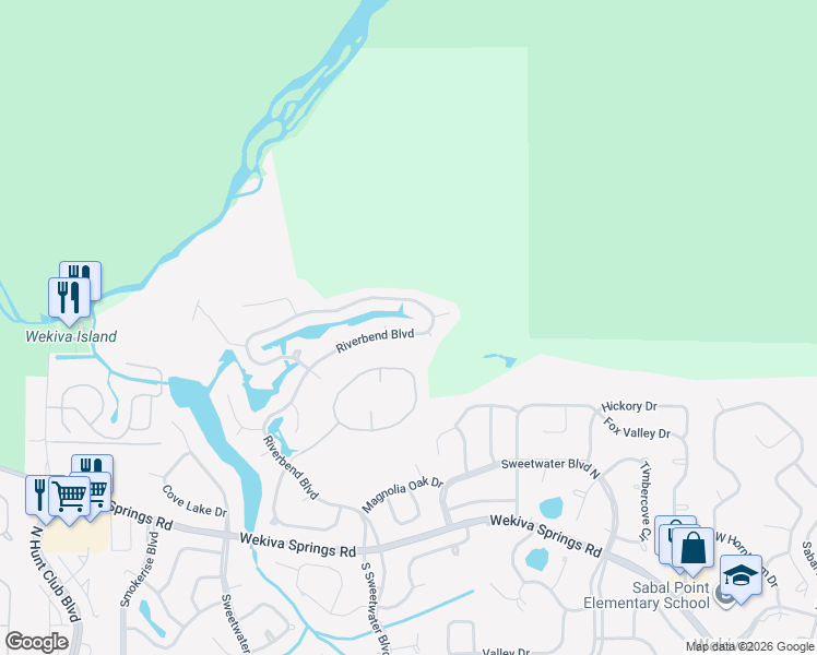 map of restaurants, bars, coffee shops, grocery stores, and more near 741 Riverbend Boulevard in Longwood