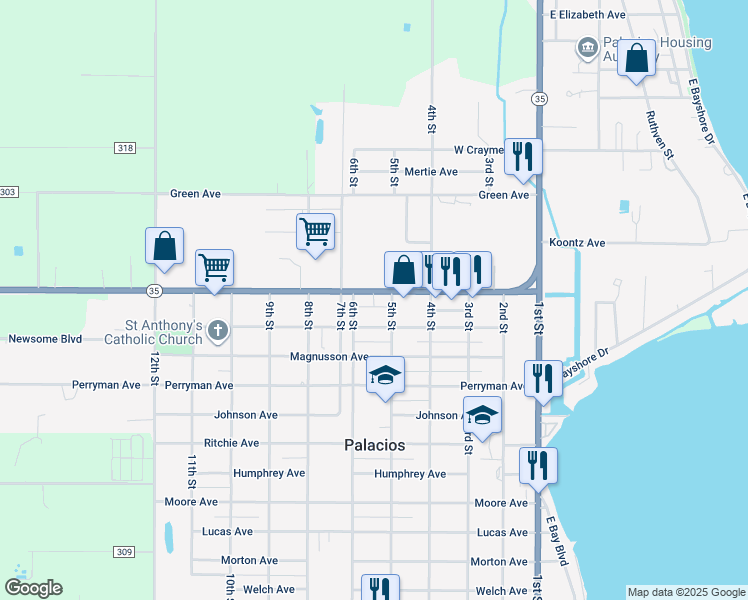 map of restaurants, bars, coffee shops, grocery stores, and more near 501 Henderson Avenue in Palacios