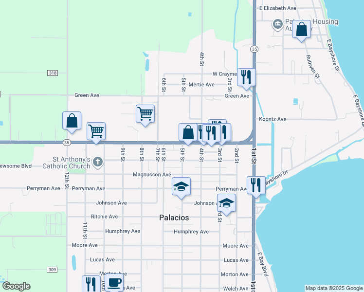 map of restaurants, bars, coffee shops, grocery stores, and more near 501 Henderson Avenue in Palacios