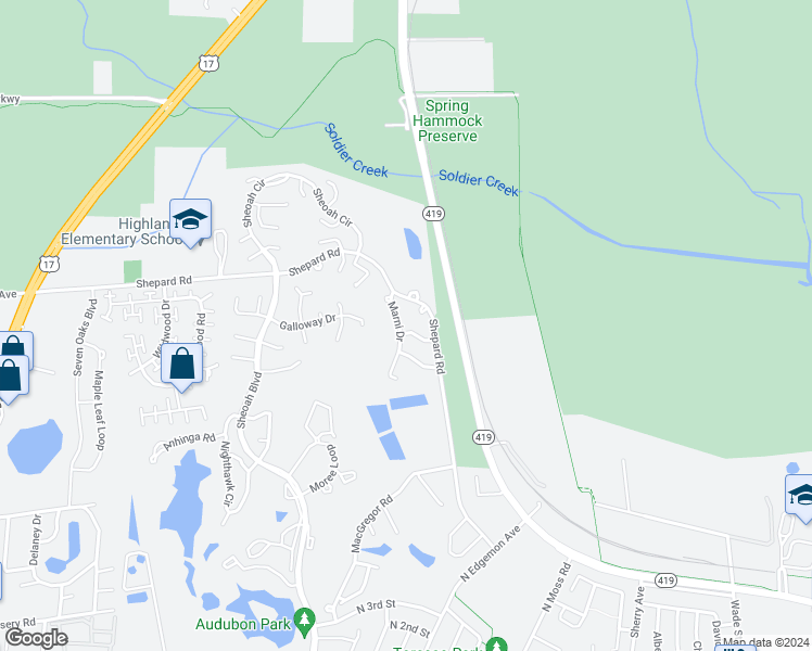 map of restaurants, bars, coffee shops, grocery stores, and more near 624 Marni Drive in Winter Springs