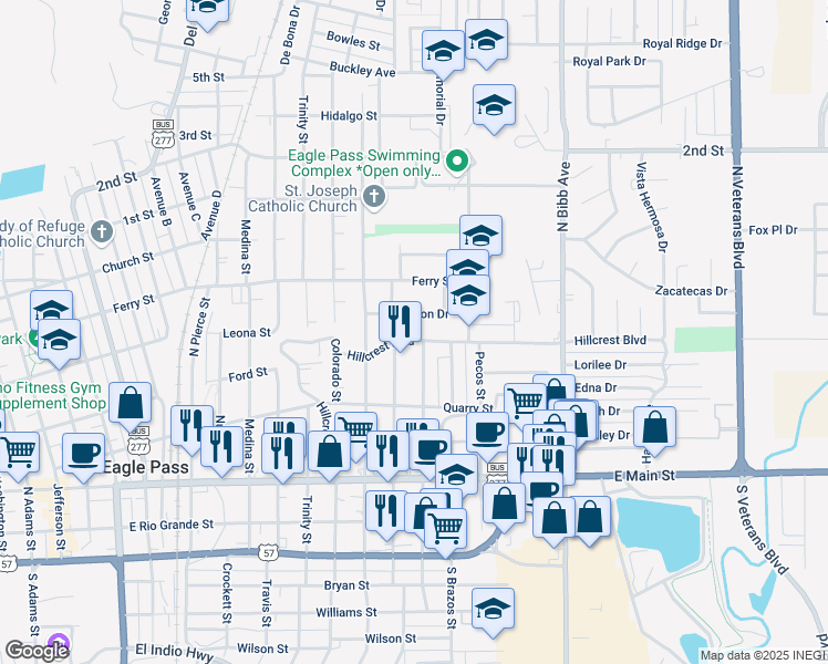 map of restaurants, bars, coffee shops, grocery stores, and more near 570 North San Marcos Street in Eagle Pass