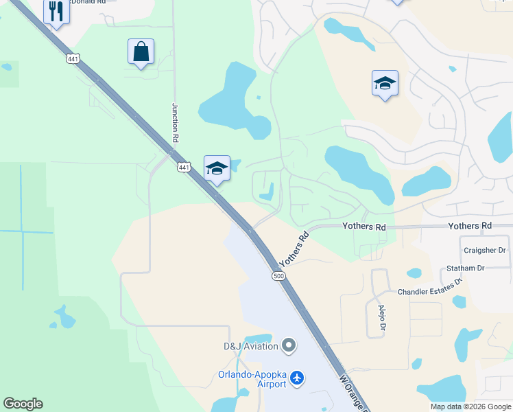 map of restaurants, bars, coffee shops, grocery stores, and more near 2101 Oak Lane in Zellwood