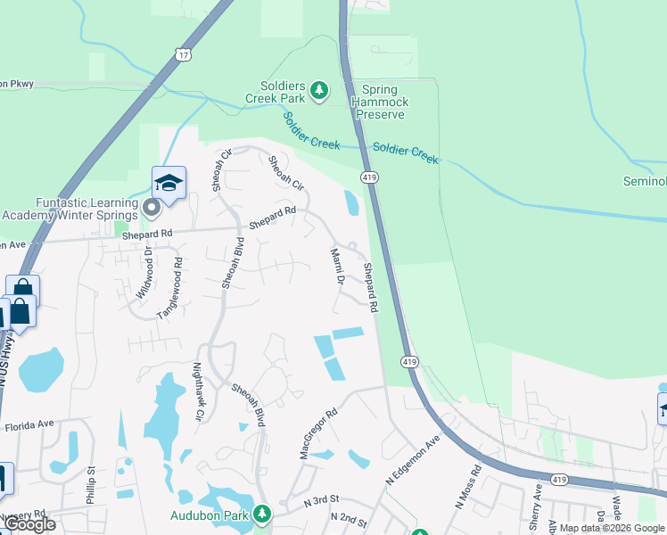 map of restaurants, bars, coffee shops, grocery stores, and more near 635 Marni Drive in Winter Springs