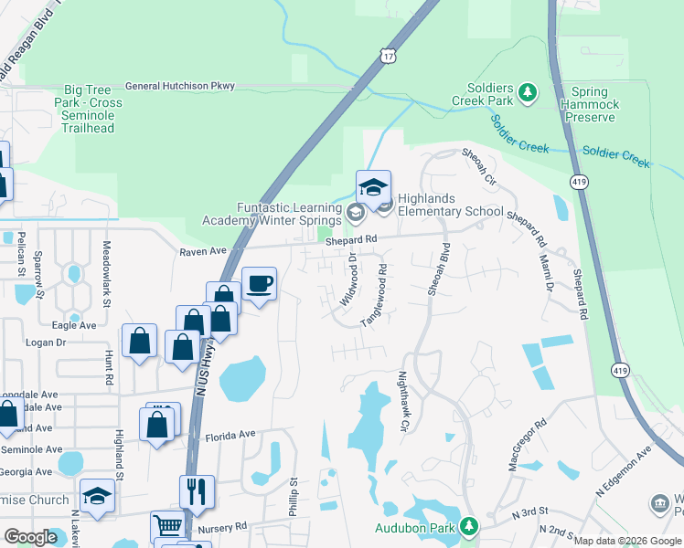 map of restaurants, bars, coffee shops, grocery stores, and more near 731 Lakeside Drive in Winter Springs