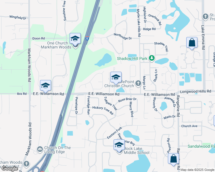 map of restaurants, bars, coffee shops, grocery stores, and more near 1502 Grace Lake Circle in Longwood