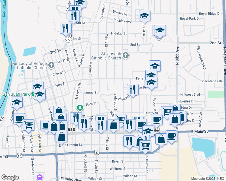 map of restaurants, bars, coffee shops, grocery stores, and more near 621 Colorado Street in Eagle Pass