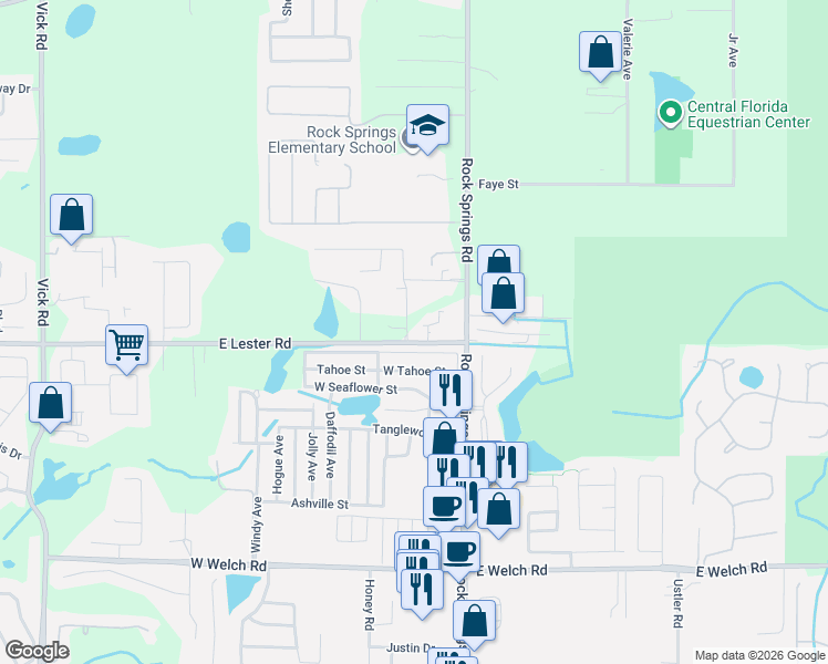 map of restaurants, bars, coffee shops, grocery stores, and more near 213 East Lester Road in Apopka