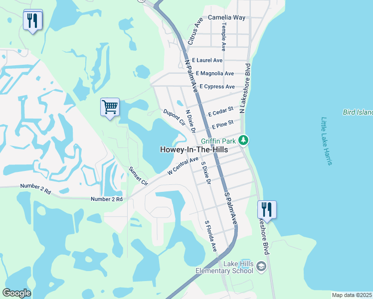 map of restaurants, bars, coffee shops, grocery stores, and more near 100 South Florida Avenue in Howey-in-the-Hills