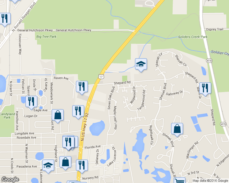 map of restaurants, bars, coffee shops, grocery stores, and more near 728 Ridgewood Way in Winter Springs