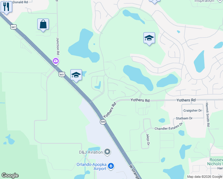 map of restaurants, bars, coffee shops, grocery stores, and more near 2121 Oak Grove Drive in Zellwood