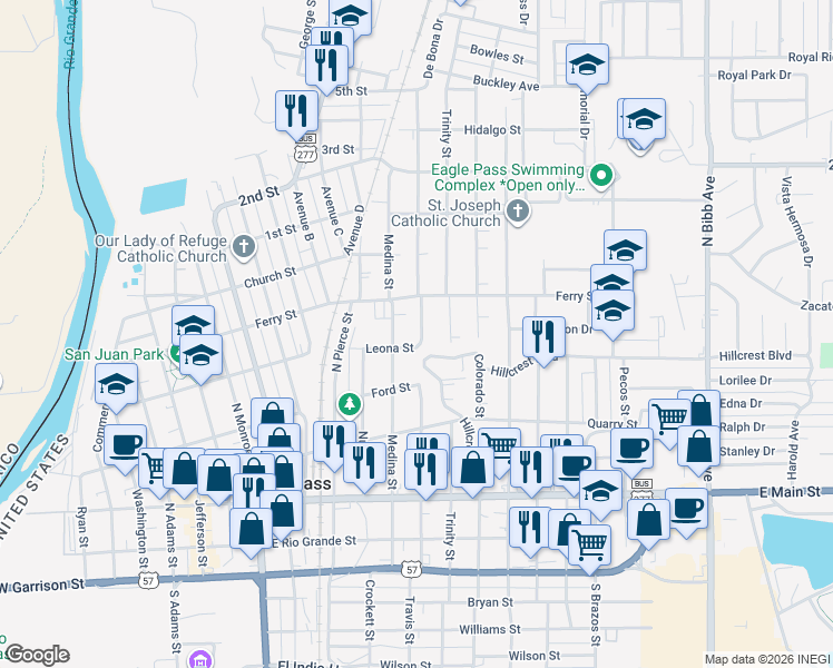map of restaurants, bars, coffee shops, grocery stores, and more near 643 Concho Street in Eagle Pass