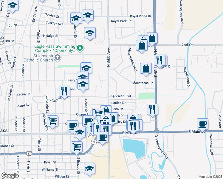 map of restaurants, bars, coffee shops, grocery stores, and more near 821 North Bibb Avenue in Eagle Pass