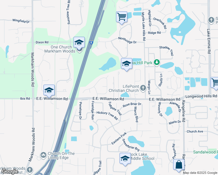 map of restaurants, bars, coffee shops, grocery stores, and more near 1502 Grace Lake Circle in Longwood