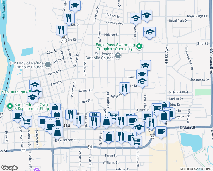 map of restaurants, bars, coffee shops, grocery stores, and more near 645 Colorado Street in Eagle Pass
