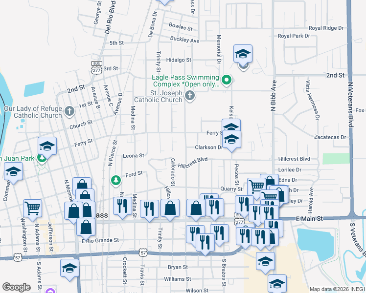 map of restaurants, bars, coffee shops, grocery stores, and more near 661 North Comal Street in Eagle Pass